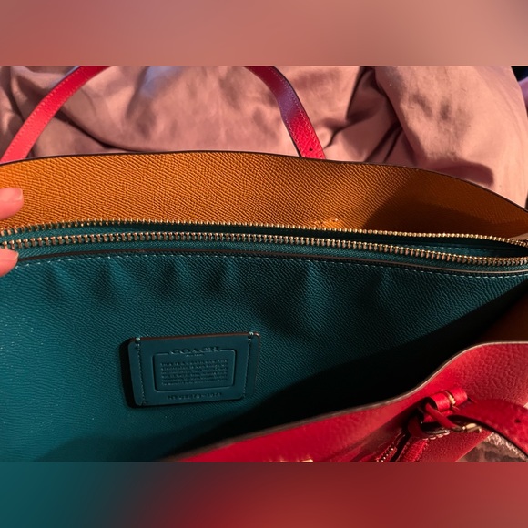 Red Coach Mollie Tote with blue and yellow interior - Picture 2 of 5